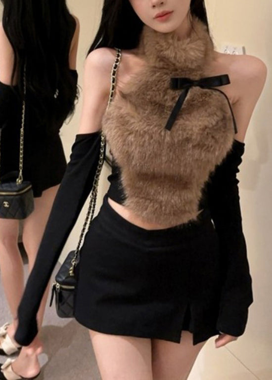 Coffee Bow Fur Hanging Neck Off Shoulder Short Top