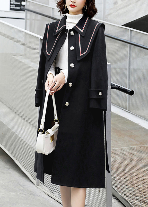 Red Button Pockets Tie Waist Woolen Coats Winter