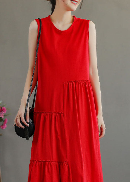 Stylish Red O-neck Patchwork Cotton Party Dress Sleeveless
