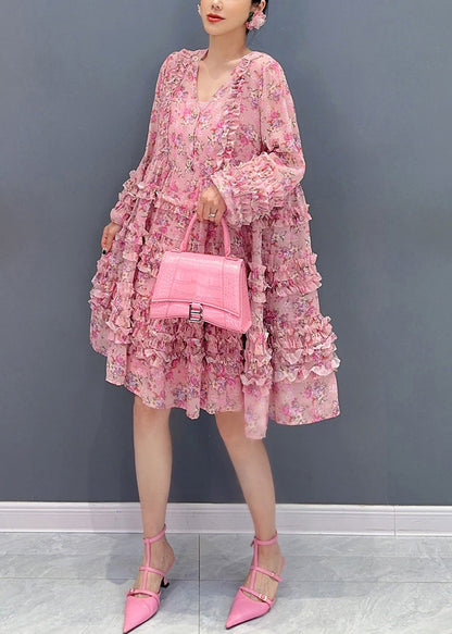 Pink V Neck Ruffled Patchwork Print Chiffon Mid Dress Long Sleeve