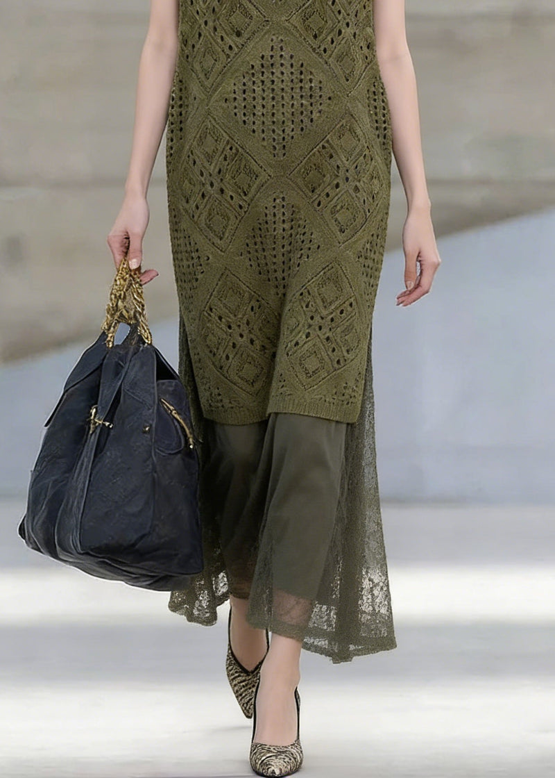 Art Blackish Green Hollow Out Knit Dress and Lace Skirts Two Pieces Set Summer