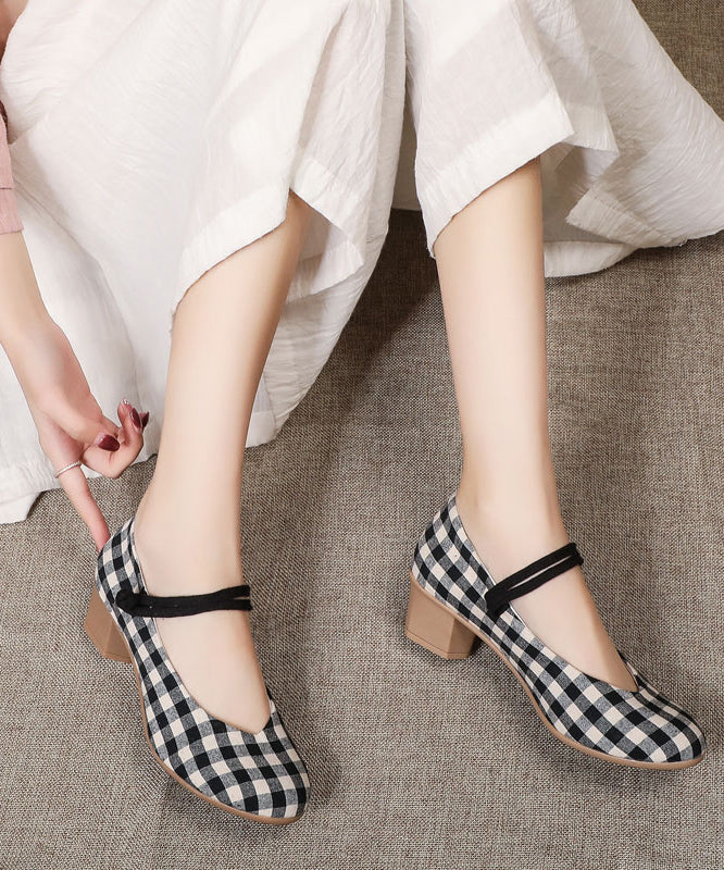 Buckle Strap Chunky High Heels Plaid Cotton Fabric
