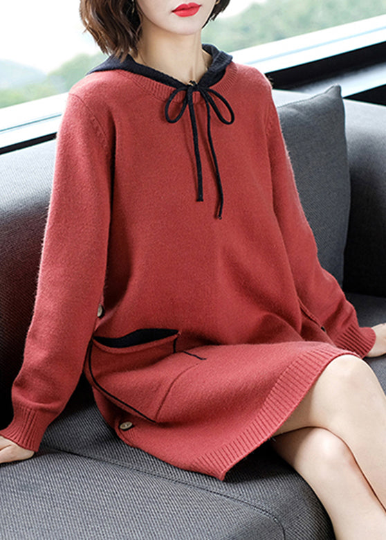 Brick Red Patchwork Button Thick Hooded Knit Woolen Sweater Dress Fall