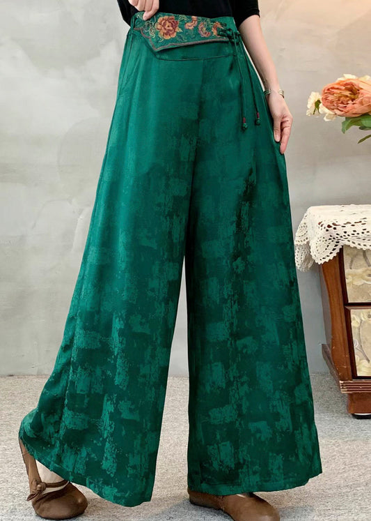 Green Embroidered Silk Wide Leg Pants Spring