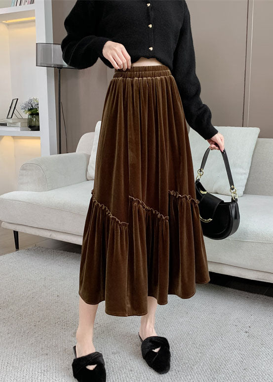 Brown Asymmetrical Wrinkled Silk Velvet Skirt Fall