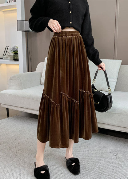 Brown Asymmetrical Wrinkled Silk Velvet Skirt Fall