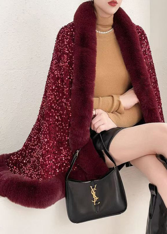 Red Fur Collar Sequins Warm Fleece Cape Coat Winter