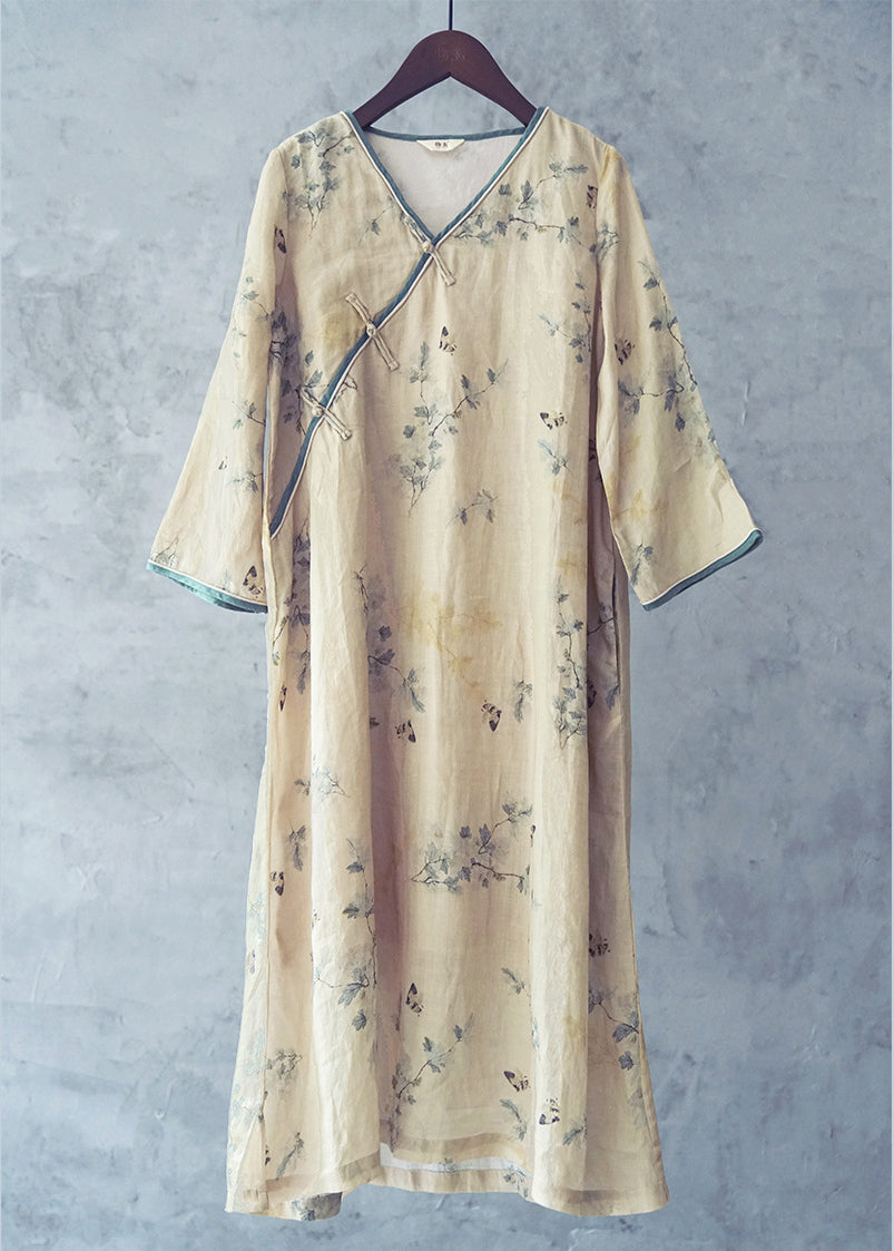 Beige V Neck Print Patchwork Linen Long Dresses Long Sleeve