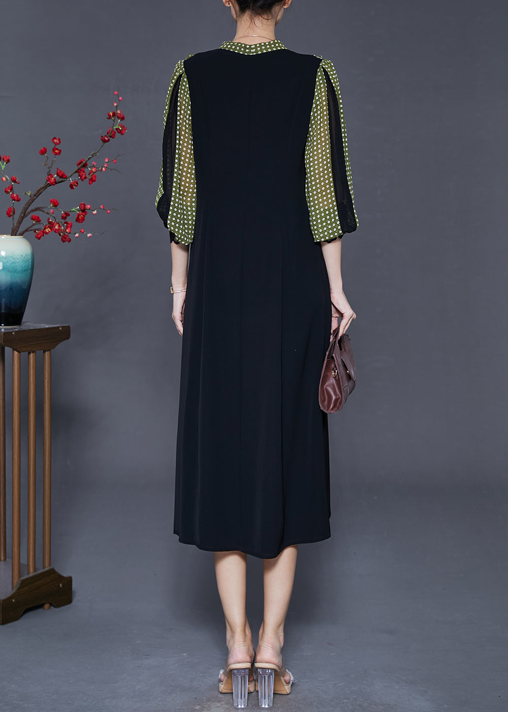 Black Bow Patchwork Chiffon Dresses Lantern Sleeve