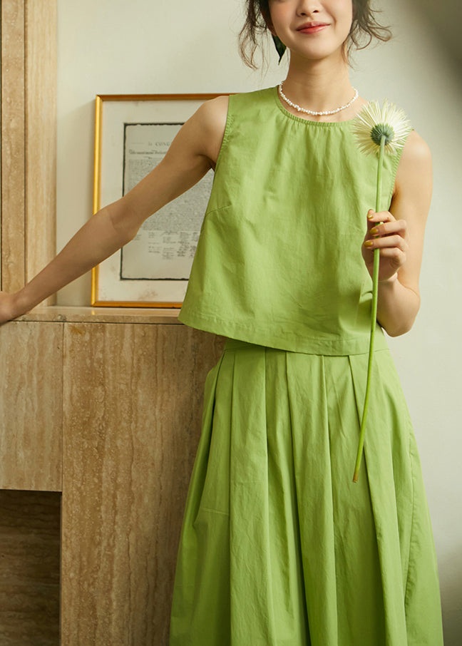 Art Green O-neck Cotton Top and Pleated Skirt Two Pieces Set Sleeveless
