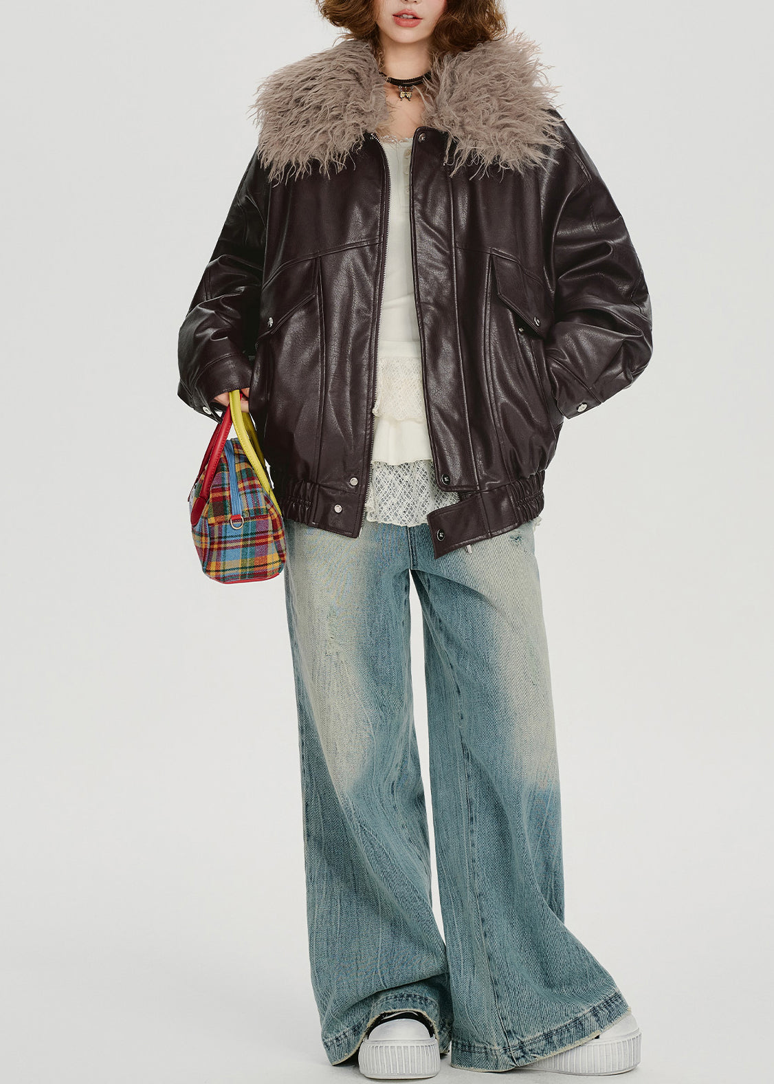Chocolate Faux Fur Collar Oversized Faux Leather Jackets Winter