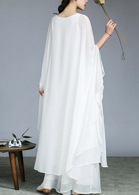 Boutique White O-neck Chiffon Long Dress and Wide Leg Pants Two Pieces Set Fall
