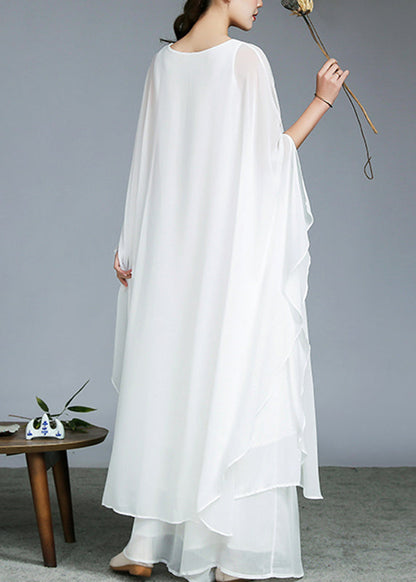 Boutique White O-neck Chiffon Long Dress and Wide Leg Pants Two Pieces Set Fall