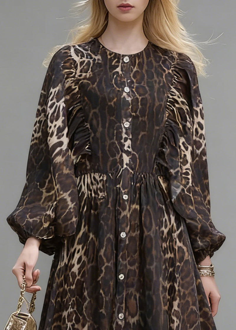 Stylish Brown Oversized Leopard Print Long Dress Lantern Sleeve