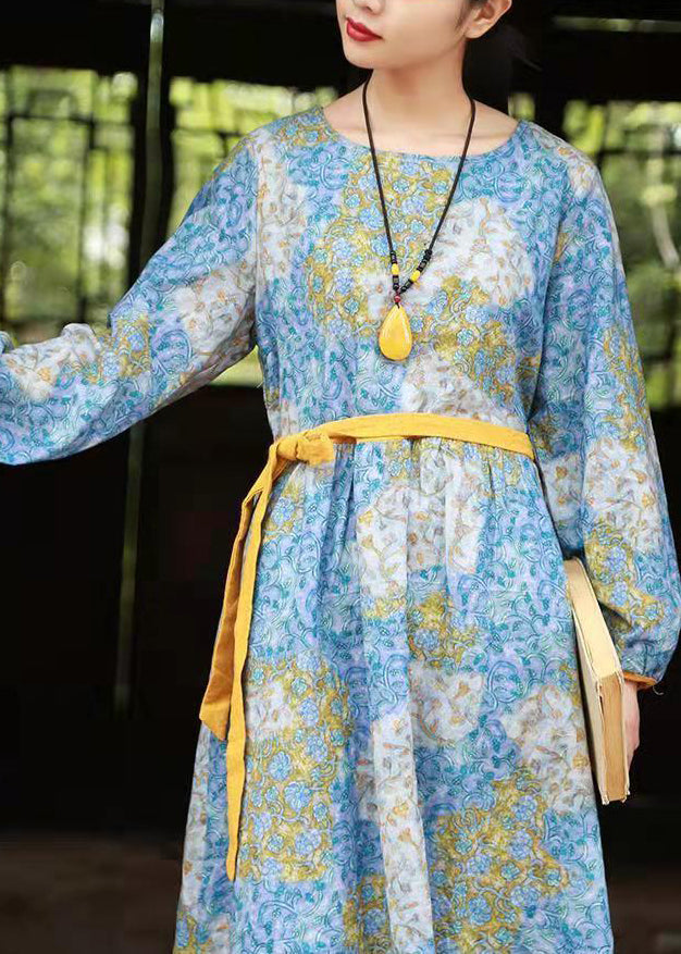 Blue O-neck Tie Waist Cinched Print Long Dresses Long Sleeve