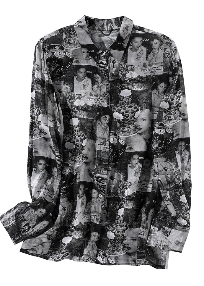 Black Peter Pan Collar Print Button Silk Shirt Long Sleeve