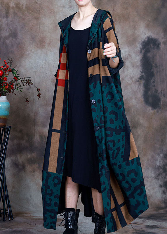 Green Patchwork Plaid Button Print Asymmetrical Design Fall Coat