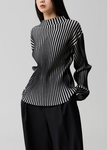 French Striped Stand Collar Patchwork Knit Top Long Sleeve Winter