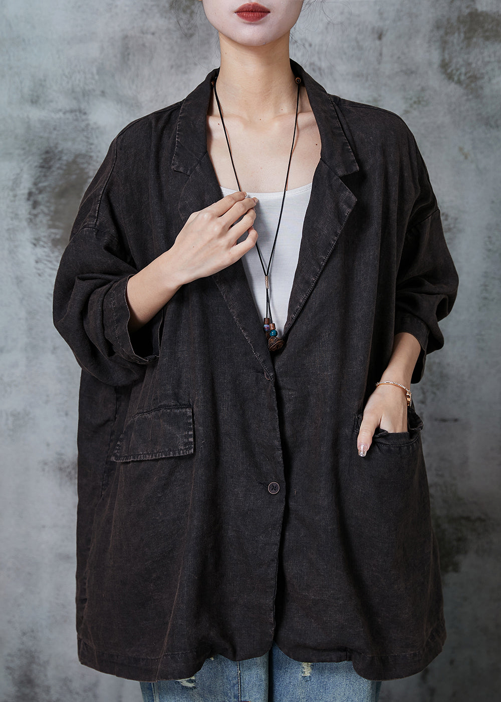 Black Oversized Pockets Linen Jackets Spring