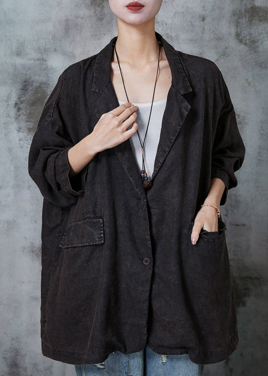 Black Oversized Pockets Linen Jackets Spring