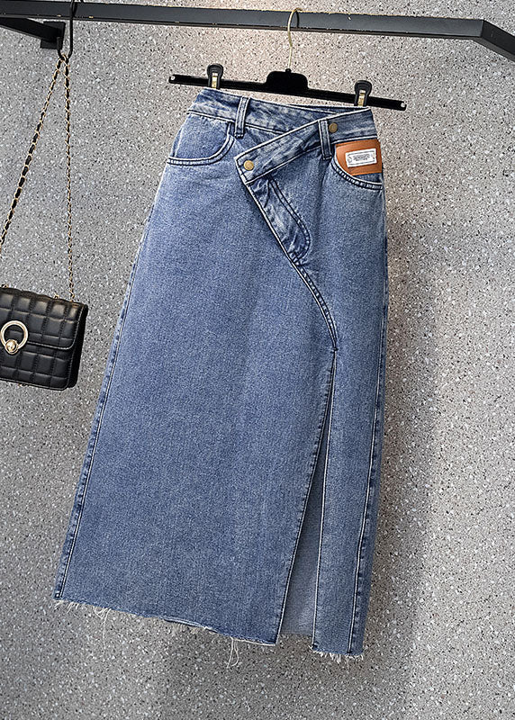 Style Denim Light Blue High Waist Side Open Button Asymmetrical Pockets Cotton a Line Skirts Summer
