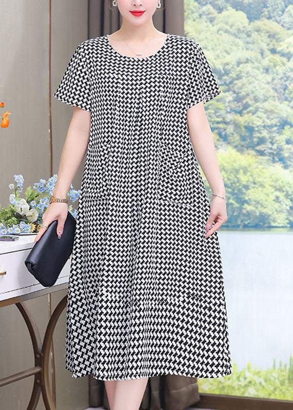 French Black O-neck Plaid Patchwork Maxi Dresses Summer