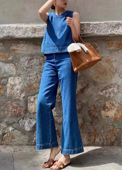 Boutique Denim Blue Patchwork Top and Wide Leg Pants Two Piece Set Sleeveless