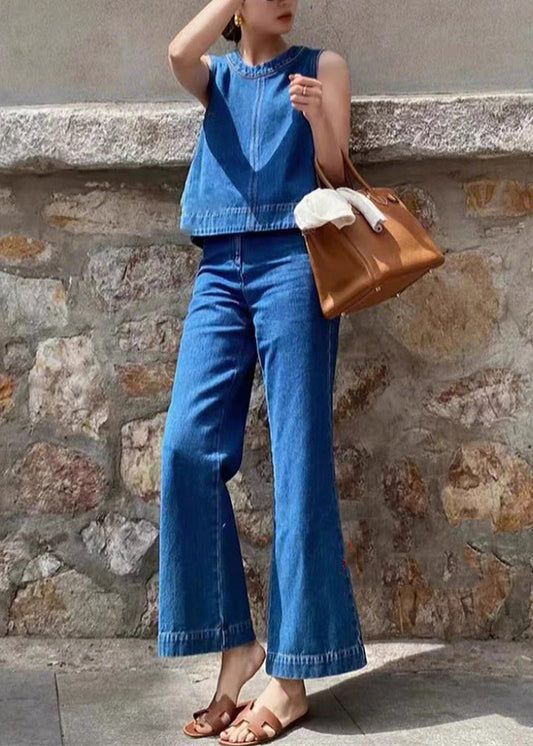 Boutique Denim Blue Patchwork Top and Wide Leg Pants Two Piece Set Sleeveless