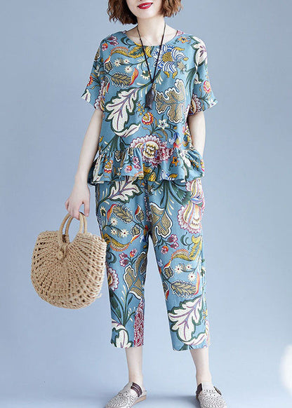 Blue O-neck Cotton Tops and Crop Pants Two Pieces Set Spring