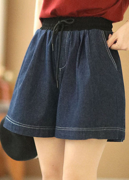 Navy Elastic Waist Drawstring Pockets Patchwork Linen Denim Shorts Summer