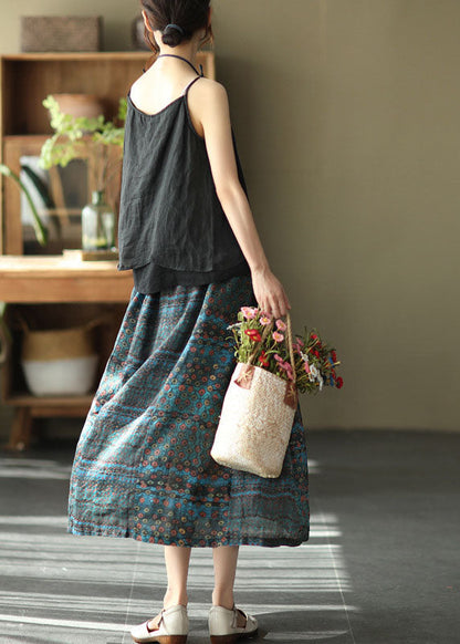 Blue Elastic Waist Print Patchwork Linen Skirts Summer