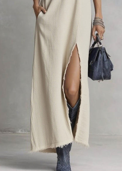 Brief Beige V Neck Side Open Long Dress Sleeveless