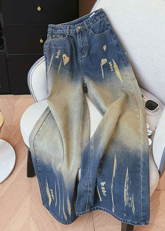 Denim Blue High Waist Pockets Tie Dye Wide Leg Pants Winter