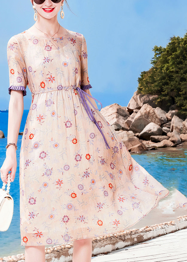 Modern Light Purple O-neck Drawstring Print Linen Party Dress Short Sleeve