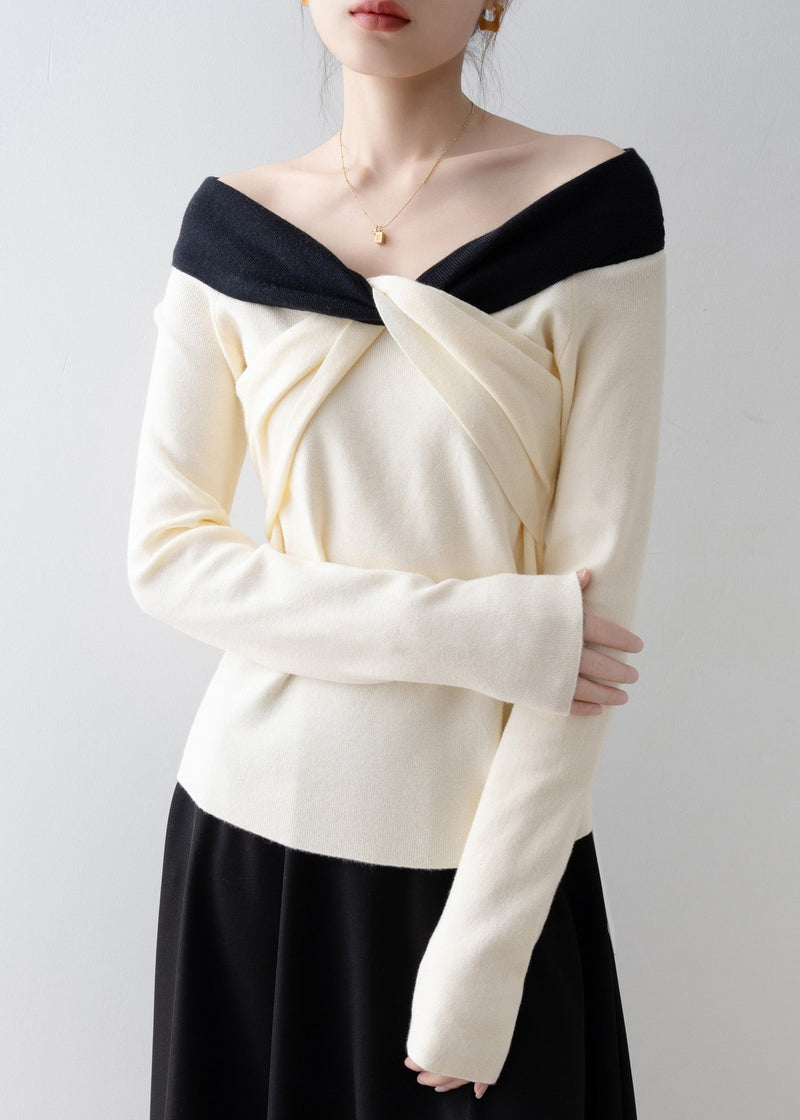 New Beige Slash Neck Slim Cross Knit Top Spring