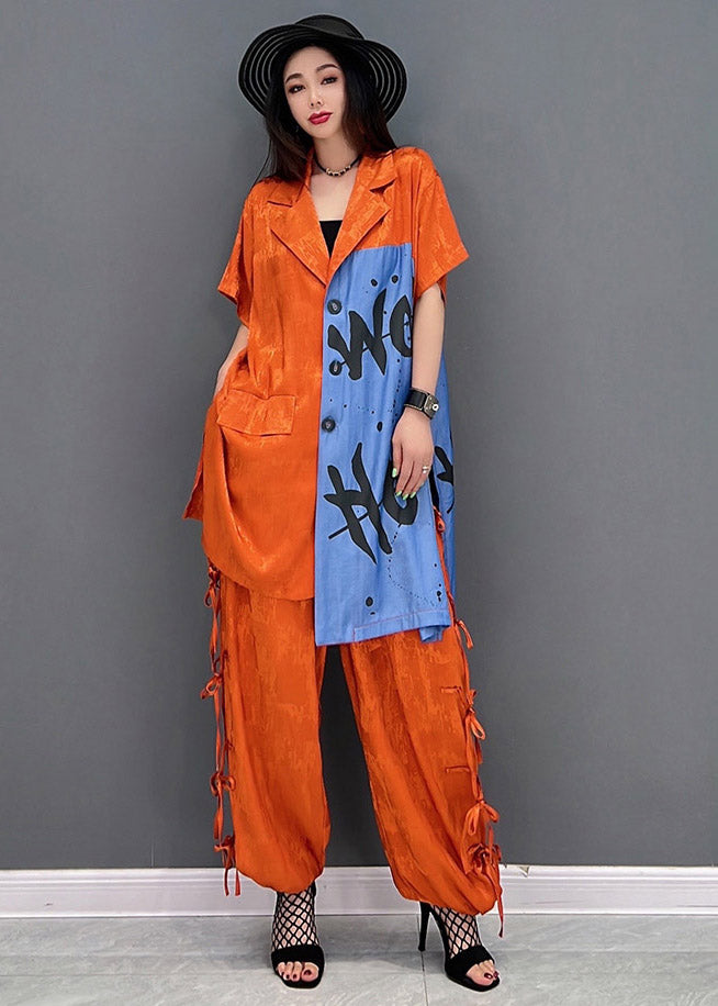Vogue Red Peter Pan Collar Print Shirt and Pants Two Piece Set Summer