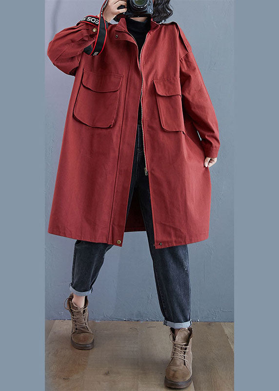 Red Stand Collar Zippered Pockets Fall Long Sleeve Trench Coats