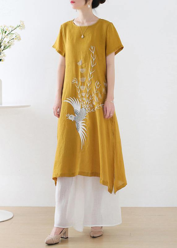 Orange Phoenix Embroideried Linen Side Open Summer Long Dress