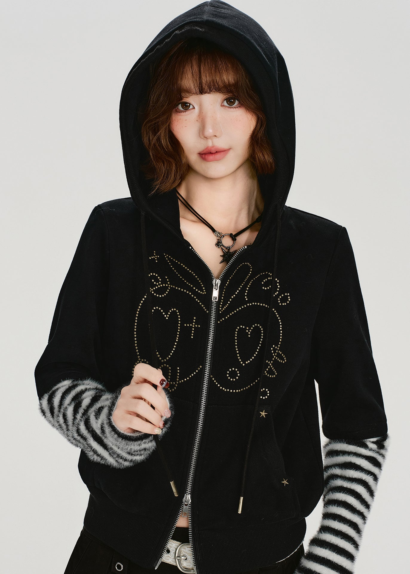 Black Zip Up Patchwork Cotton Hooded Coat Spring