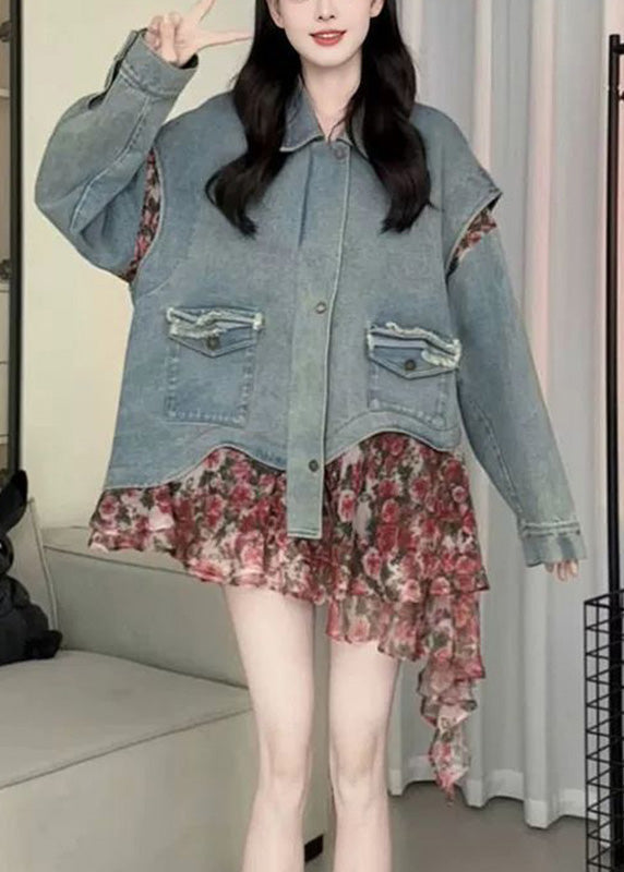 Blue Peter Pan Collar Asymmetrical Print Print Denim Coat Spring
