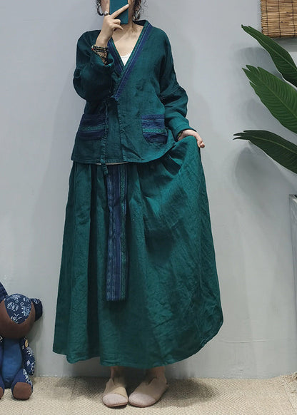 Blackish Green Pocket Linen Shirt Top a Line Skirt Two Piece Set Elastic Waist Long Sleeve