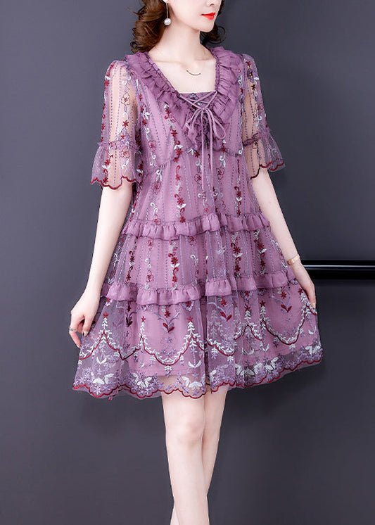 Stylish Purple V Neck Patchwork Lace Up Tulle a Line Dress Short Sleeve