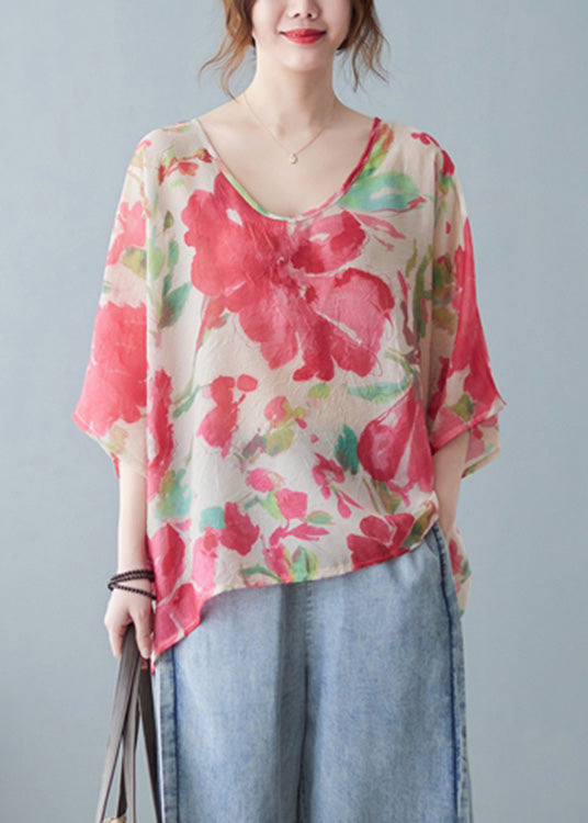 Red V Neck Print T Shirt Half Sleeve