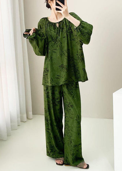 Green Print Lace Up Cotton Pajamas Two Pieces Set Fall