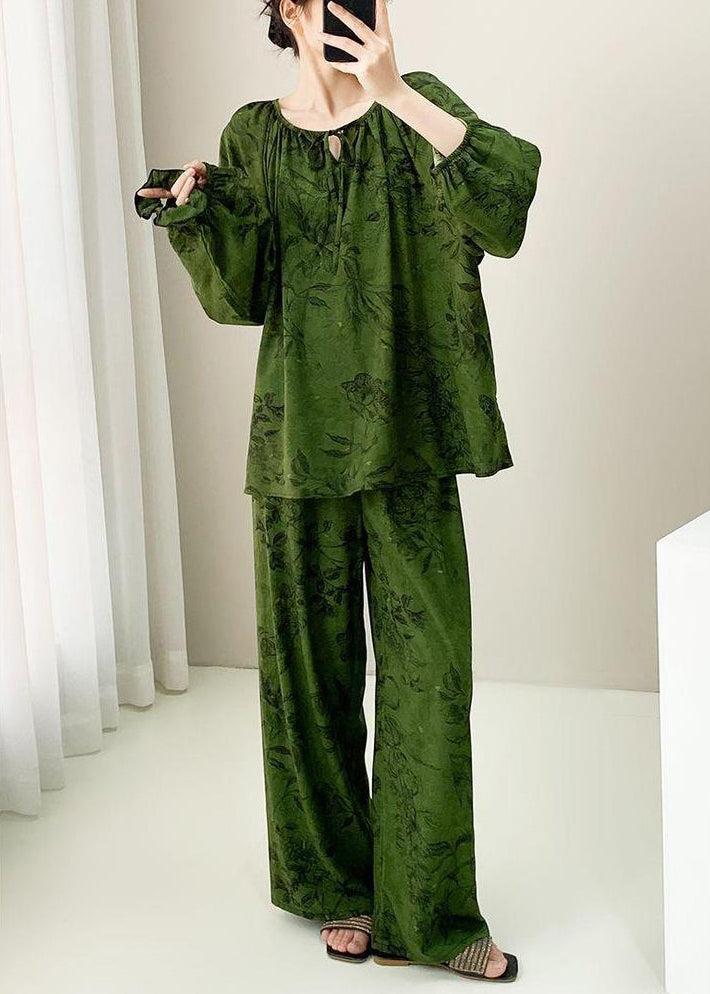 Green Print Lace Up Cotton Pajamas Two Pieces Set Fall