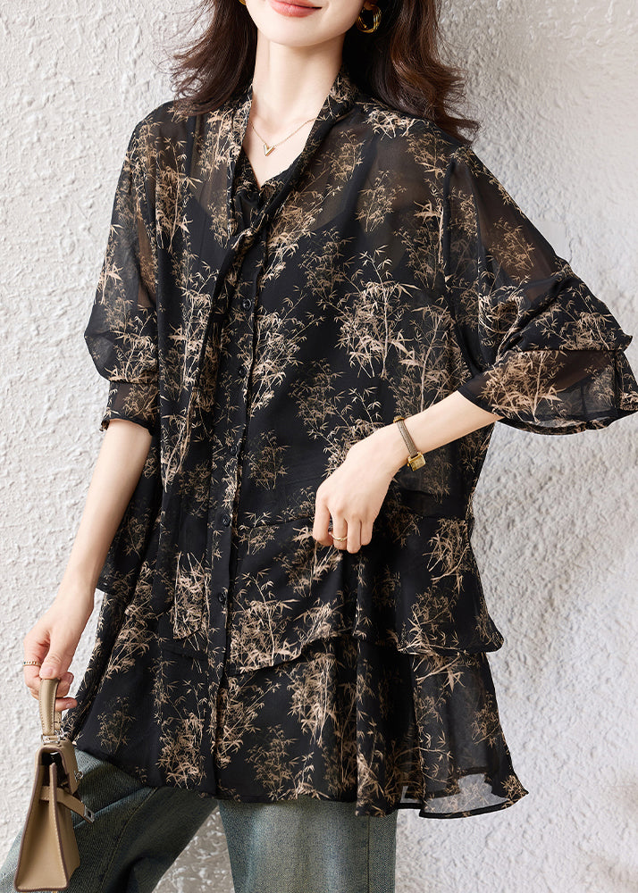 Black Oversized Print Chiffon Shirts Fall