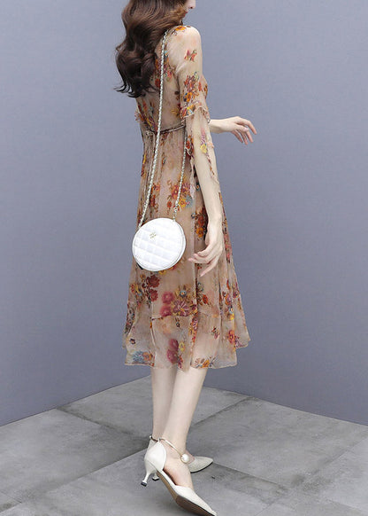 V Neck Print Patchwork Rivet Chiffon Long Dresses Half Sleeve