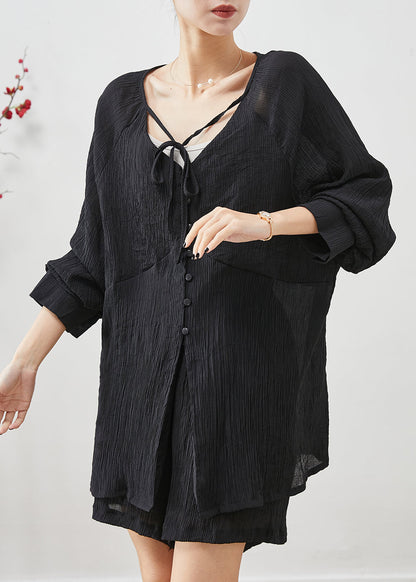 Black Cotton Two Piece Set Outfits Wrinkled Lace Up Summer