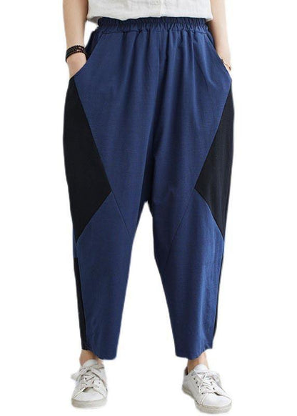 Navy Patchwork Elastic Waist Radish Trousers Pants Summer Cotton Linen