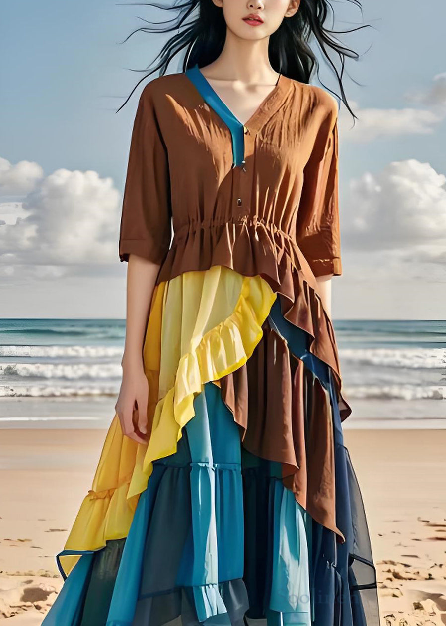 Colorblock Ruffled Chiffon Patchwork Cotton Dress Summer